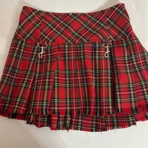 Red Plaid Mini Skirt with Zipper Accents